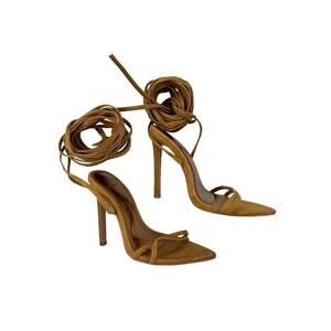 JLO - Jennifer Lopez Lincoln Heeled Sandal in Suede Brown Golden Desert
